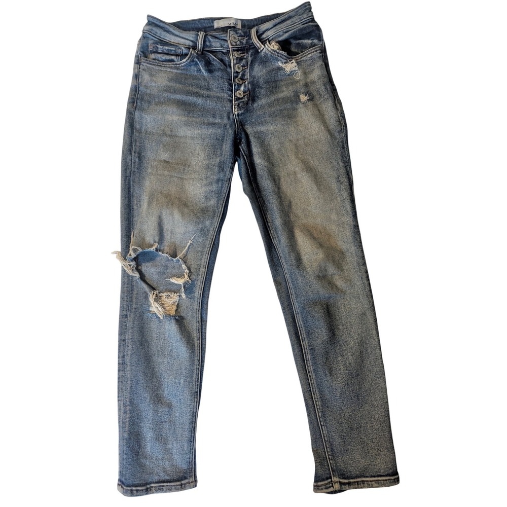 VERVET Women's Distressed Button Fly High Rise Skinny Jeans Blue Wash Stretch 28